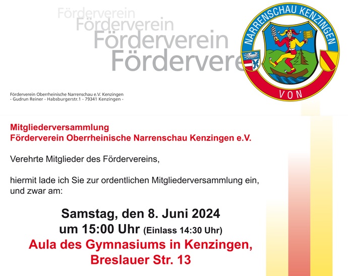 Bild vom Termin Jahreshauptversammlung es Fördervereins Oberrheinische Narrenschau Kenzingen e.V